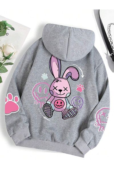 Deocept Hanorac oversize imprimat cu glugă gri unisex