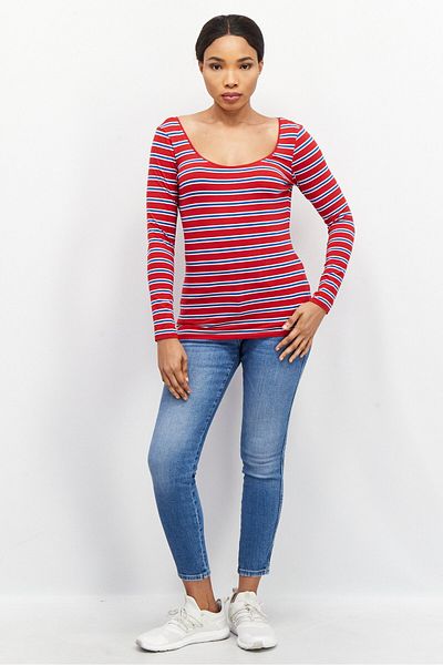 Esprit Women Scoop Neck Long Sleeve Stripe Top, Red
