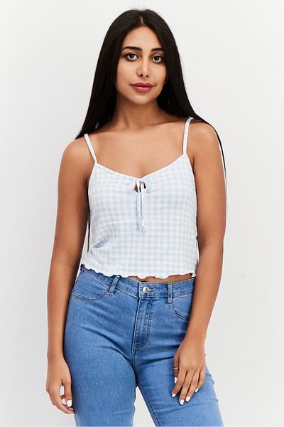 Gilly Hicks Women Tie-neck Sleeveless Micro Checkered Tank Top, Light Blue