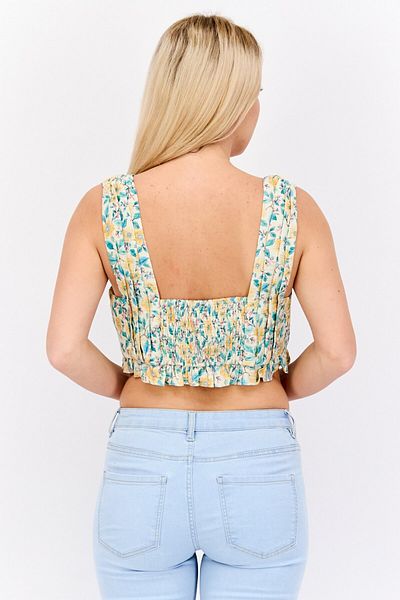 Forever New Women Square Neck Sleeveless Floral Print Crop Top, Beige Combo
