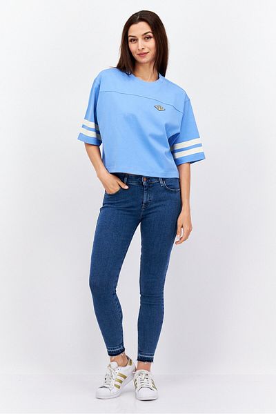 Esprit Women Crew Neck Short Sleeve Embroidered Logo T Shirt, Blue