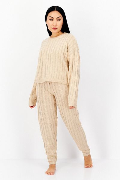 Brave Soul Women 2 Piece Long Sleeves Knitted Sweater Drawstring Pants, Biscuit