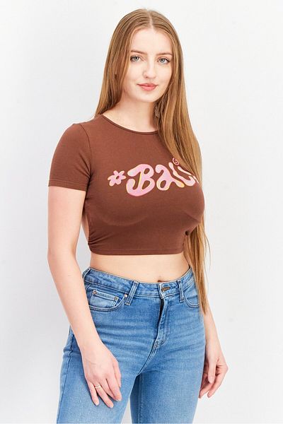 Don't Call Me Jennyfer Women Round Neck Short Sleeves Textured Crop Top, Brown