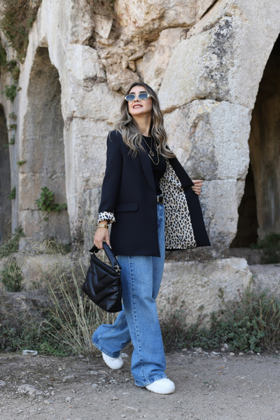 bytugcekaya Siyah Leopar Astarlı Şal Yaka Blazer