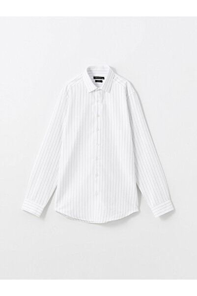 LC Waikiki Λευκό εφαρμοστό μακρυμάνικο ριγέ ανδρικό πουκάμισο Gabardine