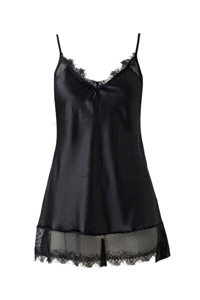 El Major Dantel Detaylı Siyah Saten Gecelik