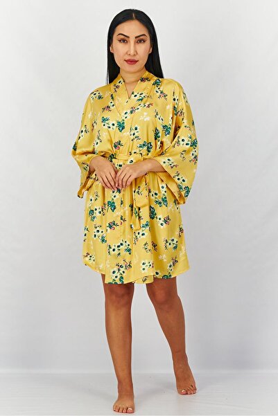 I Love Fashion رداء نوم نسائي مفتوح من الأمام ومزين بحزام، باللون الأصفر