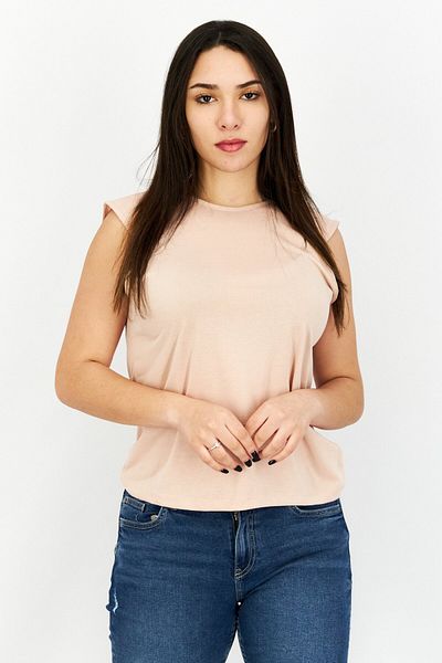 NA-KD Women Round Neck Cap Sleeves Plain Top, Light Pink