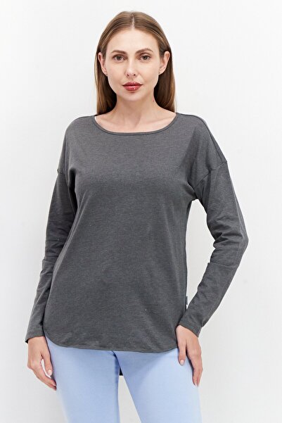 Eddie Bauer تي شيرت نسائي سادة بأكمام طويلة ورقبة دائرية، رمادي