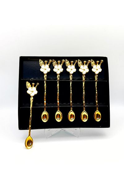 ÖzcamKristal 6 Pieces White Daisy Gold Teaspoons for 6 Persons