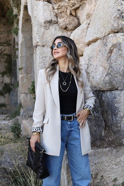 bytugcekaya Leopard Patterned Stone Color Blazer - Shawl Collar Lined