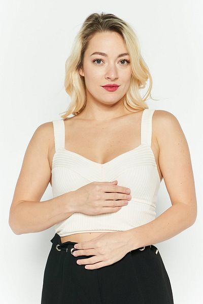 Etam Women Diamond Neck Sleeveless Ribbed Cut Out Crop Top, Light Peach