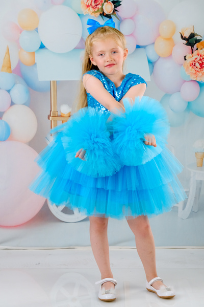 Delfini kids Tokalı Ponpon Kollu Pul Payet Tüllü Parti Ve Doğum Günü Elbisesi
