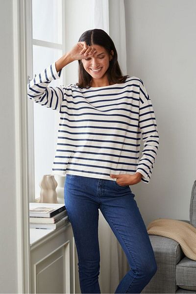Tchibo Women Round Neck Long Sleeve Striped Sweatshirt, White And Blue