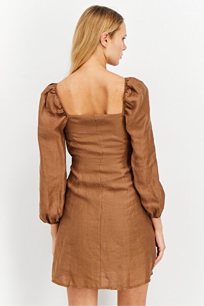 NA-KD Women Tie Front Long Sleeve Mini Dress, Brown