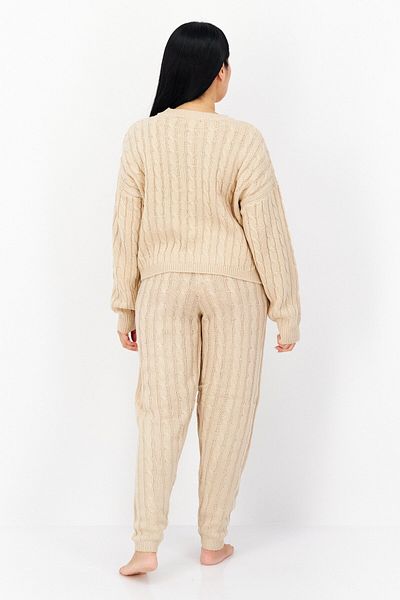 Brave Soul Women 2 Piece Long Sleeves Knitted Sweater Drawstring Pants, Biscuit