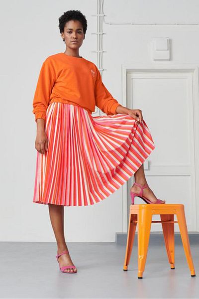 Tchibo Women Stripe Pleated A,Line Skirt, Pink and Orange Combo