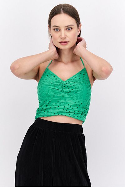 Reserved Women Halter Neck Sleeveless Eyelet Top, Green
