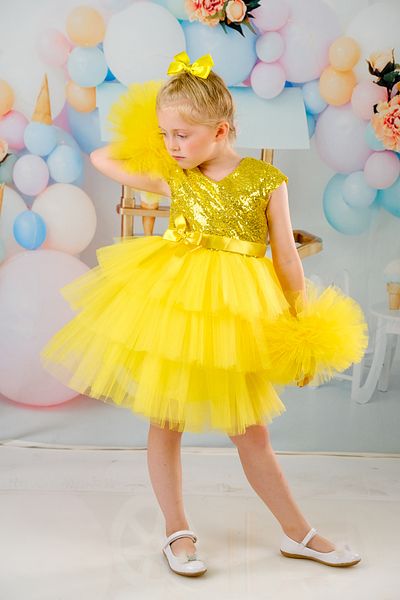 Delfini kids Rochie de petrecere și de zi de naștere cu mâneci pompon din tul cu cataramă și paiete
