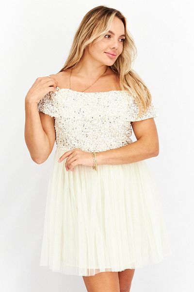 Maya Deluxe Women Sequins Off Shoulder Mini Party Dress, Beige