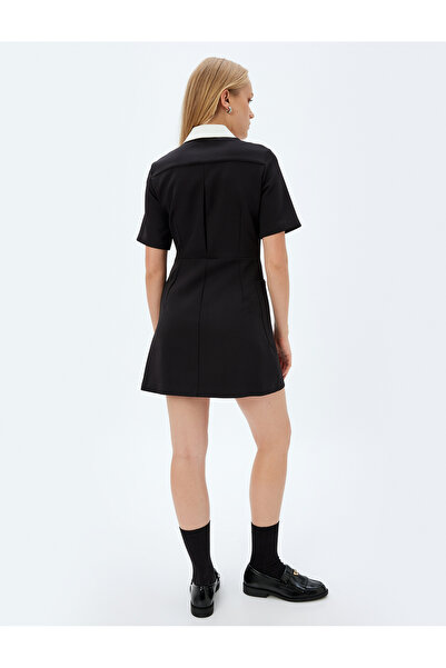 Koton Kontrast Gömlek Yaka Mini Elbise Kısa Kollu Düğmeli Cepli A Kesim