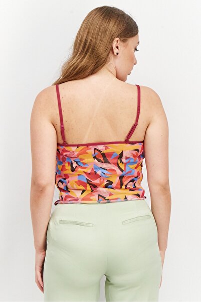 Sinsay Women V Neck Sleeveless Printed Lace Cami Top, Pink Combo