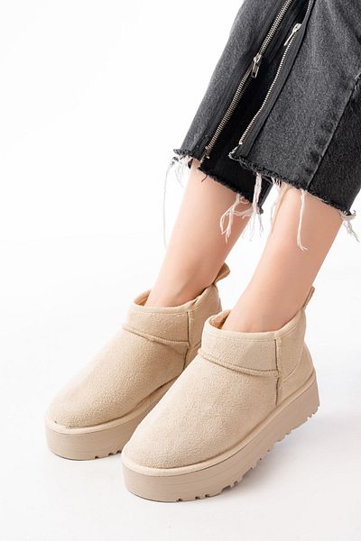 serkanseyyid Ndr-2850 Beige Suede Fur Lined Winter Closed Toe Women's Casual Slippers