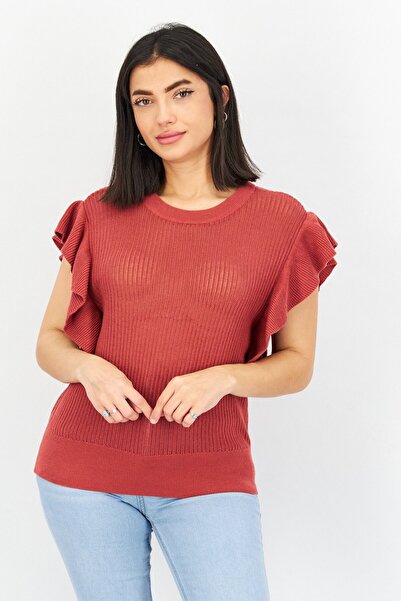 Esprit Women Round Neck Flutter Sleeve Knitted Top, Burgundy