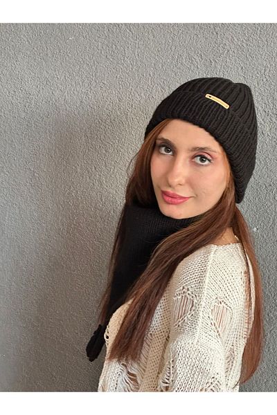 Gönülden Tasarım SET GÂTĂ BĂRĂ PENTRU FEMEI TRICOTAT MÂNĂ MĂRIME STANDARD Negru