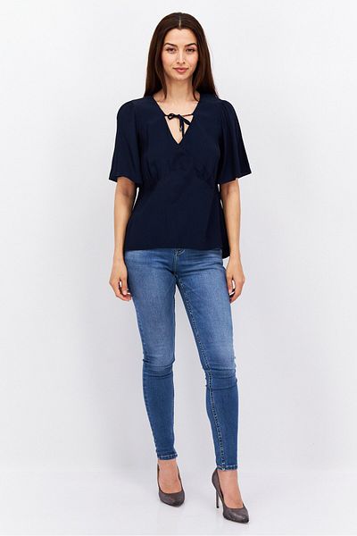 Esprit Women V Neck Short Sleeve Plain Shirt, Navy Blue
