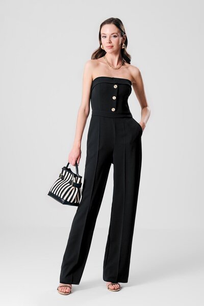 EXPLOSION Gold Logo Metal Düğmeli Straplez Bol Paça Şık Tulum