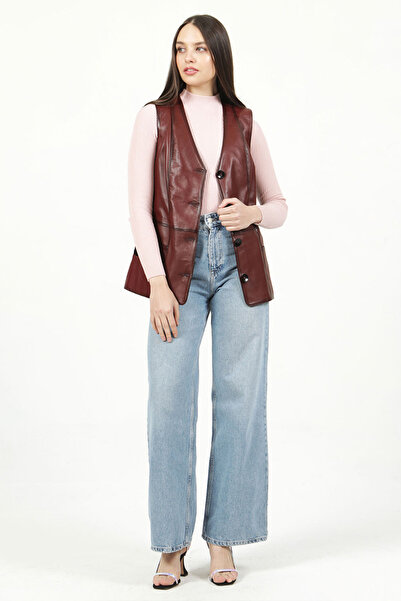 Dericlub Yb2017 Large Size Real Leather Women's Vest Ök.Burgundy