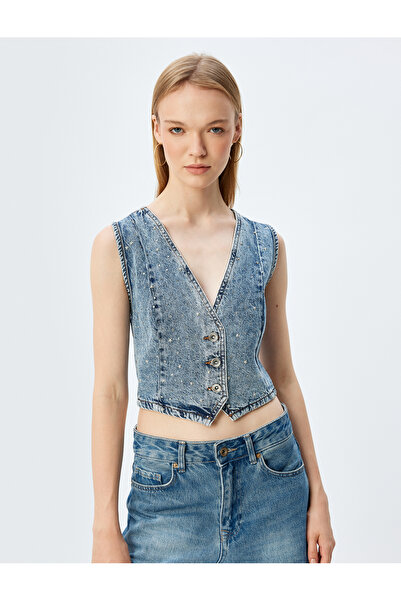 Koton Rhinestone Denim Vest Crop Sleeveless V Neck Buttoned