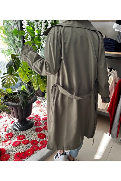 Marka Kolu Büzgülü/Fırfırlı Düğmeli Kuşaklı İnce Uzun Açık Yeşil Trençkot