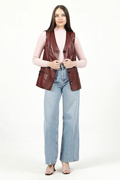 Dericlub Yb2017 Large Size Real Leather Women's Vest Ök.Burgundy