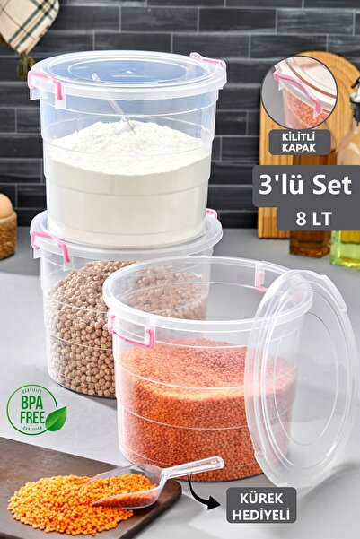 Mim Life 3'lü Mega Un Kabı - 8 Lt Kilit Kapaklı Çay Şeker Bakliyat Erzak Sakl...