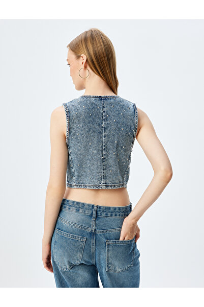 Koton Rhinestone Denim Vest Crop Sleeveless V Neck Buttoned