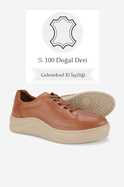 TUNAELLİ Women's Tan Genuine Natural Leather 36-41 Number Rubber Lace-Up Sneaker Casual Shoes