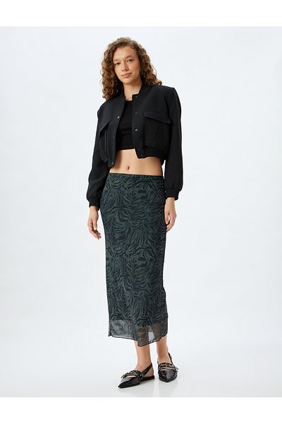 Koton Midi Lined Leopard Patterned Tulle Pencil Skirt
