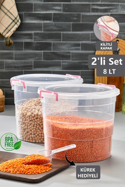 Mim Life 2'li Mega Un Kabı - 8 Lt Kilit Kapaklı Çay Şeker Bakliyat Erzak Sakl...