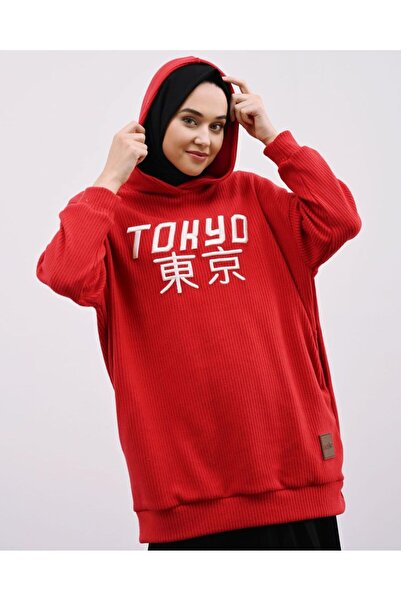 Sublime Butik Hanorac tunică lung cu textura moale brodat Tokyo