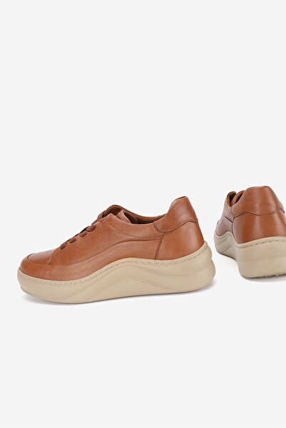 TUNAELLİ Women's Tan Genuine Natural Leather 36-41 Number Rubber Lace-Up Sneaker Casual Shoes