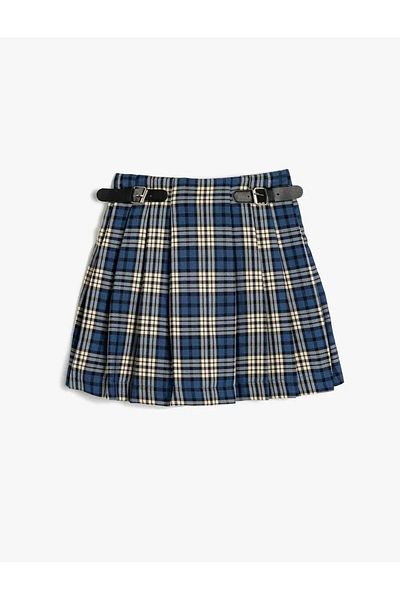 Koton Viscose Mixed Plaid Shorts Skirt - Belt Buckle Pleated