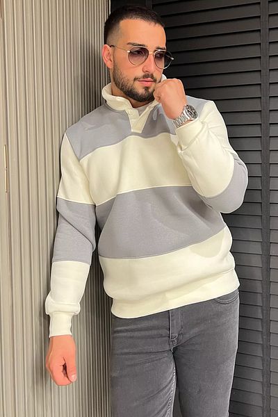MİSHAR İTALİA Ανδρικό φούτερ Grikrem Polo Neck Color Garnished Three Thread Raster