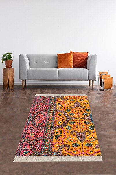 Pelangi Kilim Desenli Etnik Dijital Baskı Yıkanabilir Kaymaz Taban Modern Sal...