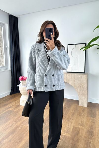 BİRCANÇİL Nula Gray Double Buttoned Knitwear Cardigan
