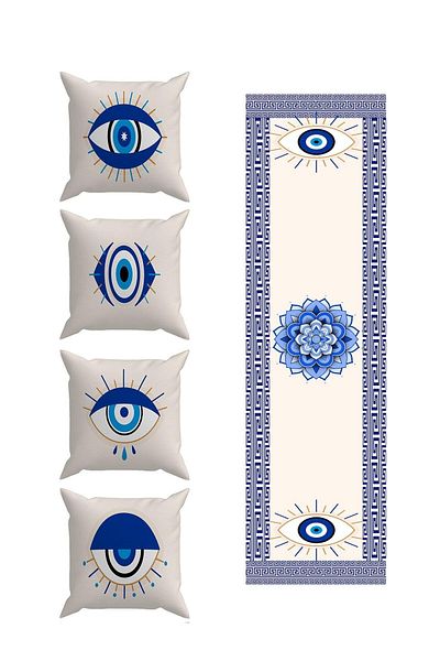 Evdek Set de 4 huse de pernă și alergător cu margele Evil Eye