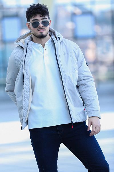 MİSHAR İTALİA Πέτρινο ανδρικό βελούδινο παλτό με κουκούλα