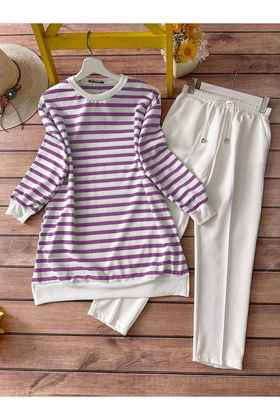 MODAQU Lilac Striped Combination - Tunic and Trousers Set