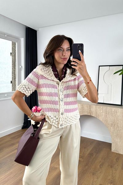 BİRCANÇİL Emase Ecru Pink Patterned Knitwear Cardigan